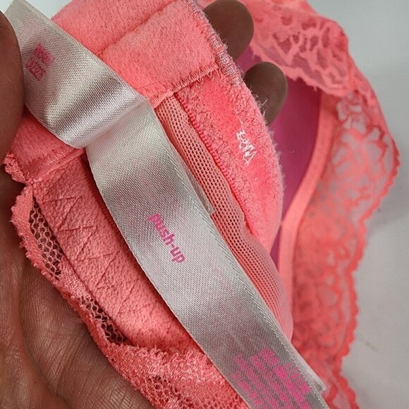 Victoria Secret Neon Pink Hi‎ Neck Padded Push Up Size Large Lace Bra - Picture 10 of 10